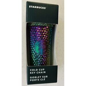 STARBUCKS Keychain Ornament Oil Slick Metallic Studded Cold Cup  Christmas NEW